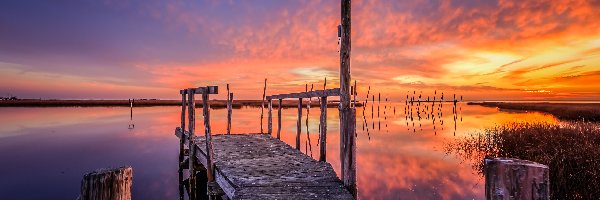 Pomost, Zatoka Great Bay, Jezioro, Zachód słońca, Stan New Jersey, Stany Zjednoczone