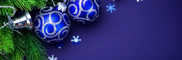 Dzwoneczki, Niebieskie, Bombki, Niebieskie tło, Gałązki, Boże Narodzenie