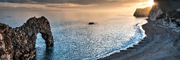 Skały, Wybrzeże Jurajskie, Wschód słońca, Brzeg, Morze, Łuk wapienny, Durdle Door, Anglia