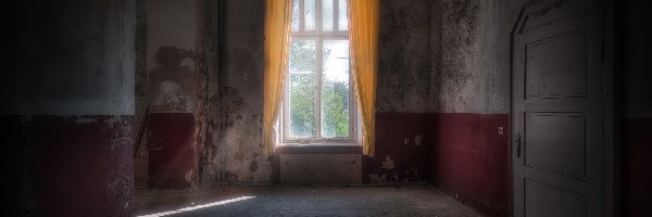 Zasłony, Wnętrze, Okno, Zaniedbane, Opuszczone, Żółte, Drzwi