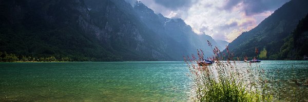 Jezioro, Szwajcaria, Łódki, Góry