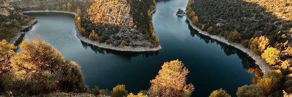 Roślinność, Park krajobrazowy Hoces del Río Duratón - Parque Natural Hoces del Rio Duratón, Rzeka Duratón, Prowincja Segovia, Hiszpania, Drzewa, Skały