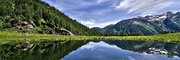 Wzgórza, Góry, Jezioro, Drzewa