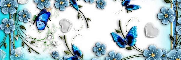 Motyle, Abstrakcja, Błękitna, Kwiaty