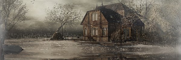 Dom, Rzeka, Drzewa, Digital Art
