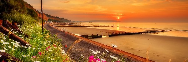 Wschód Słońca, Plaża, Morze, Anglia, Sandown Bay, Zatoka