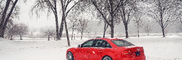 Czerwone, Sedan, Audi S4 B8, Zima, Śnieg