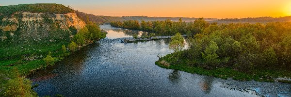 Wschód, Rzeka, Słońca, Wzgórza, Las