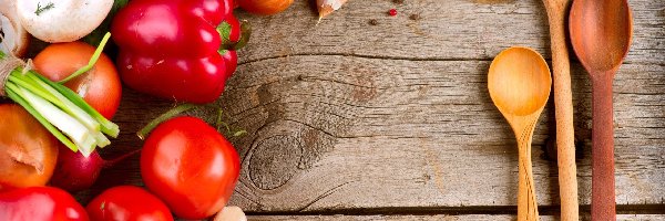 Warzywa, Pomidory, Łyżki, Pieczarki, Papryka