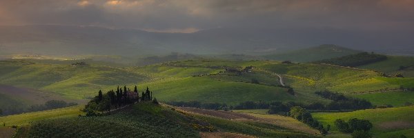 Drzewa, Wzgórza, Region Chianti, Toskania, Włochy, Mgła, Chmury, Pola, Cyprysy
