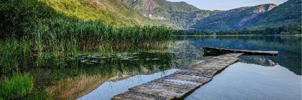 Góry, Odbicie, Jezioro, Trzciny, Pomost