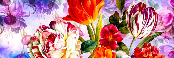 Róża, Grafika, Tulipany, Kwiaty