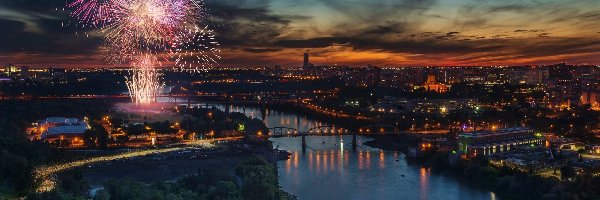 Miasto, Fajerwerki, Noc, Rzeka