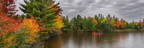 Jesień, Rzeka, Drzewa, Kajak