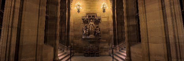 Anglia, Architektura, Korytarz, Posągi, Wnętrze, Manchester, Biblioteka John Rylands Library