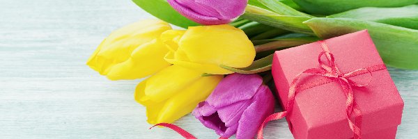 Tulipany, Żółte, Wstążka, Pudełko, Różowe, Prezent, Czerwone, Kwiaty
