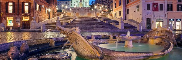 Światła, Plac Piazza di Spagna - Plac Hiszpański, Schody Hiszpańskie, Rzym, Włochy, Noc, Fontana della Barcaccia