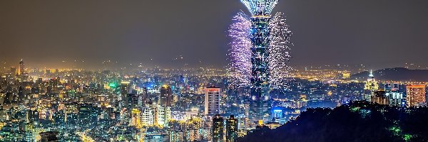 Fajerwerki, Miasto, Noc, Taipei, Chiny, Chmur, Drapacz