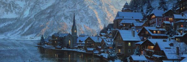 Austria, Hallstatt, Budynki, Alpy, Zima, Eugeny Lushpin, Obraz, Jezioro, Malarstwo