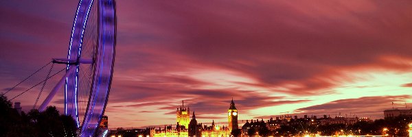 Londyn, Rzeka, London Eye, Światła, Wieczór
