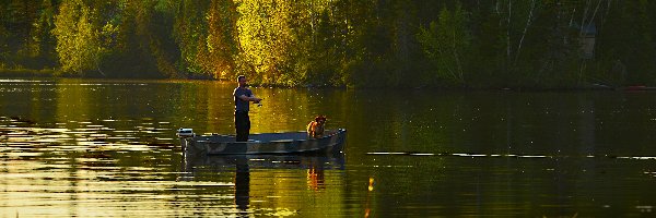 Drzewa, Wędkarz, Pies, Wędkowanie, Łódka, Jezioro