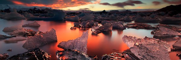 Islandia, Zachód słońca, Jezioro Jokulsarlon, Lód, Zima