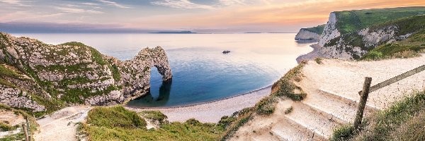 Schody, Wybrzeże Jurajskie, Morze, Durdle Door, Łuk wapienny, Anglia, Plaża, Skały, Wschód słońca