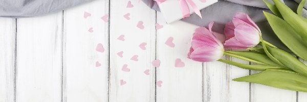 Deski, Prezent, Serca, Walentynki, Tulipany, Trzy