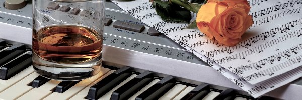 Instrument muzyczny, Nuty, Szklanka, Keyboard, Róża, Herbaciana