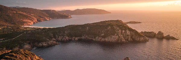 Skały, Morze, Zachód słońca, Wybrzeże, Korsyka, Francja