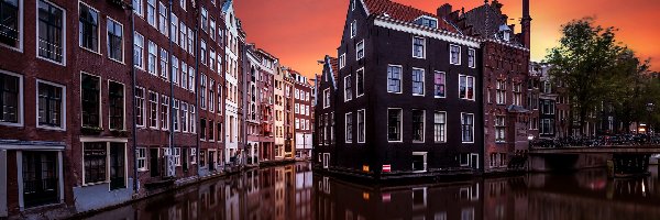 Holandia, Noc, Amsterdam, Woda, Domy