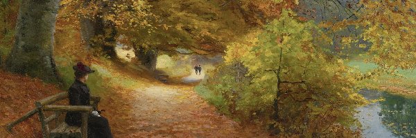 Hans Andersen Brendekilde, Malarstwo, Kobieta, Ławka, A wooded path in autumn, Jesień, Droga, Obraz