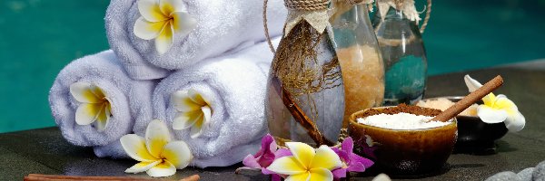 SPA, Buteleczki, Ręczniki, Plumeria, Kwiaty