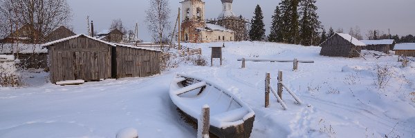 Ogrodzenie, Zima, Kienozierski Park Narodowy, Cerkiew, Rosja, Kaplica, Drzewa, Obwód archangielski, Łódka, Zniszczona, Miejscowość Lyokshmozero