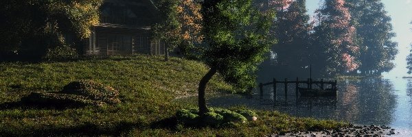 Woda, Trawa, Drzewa, Niebo, Domek