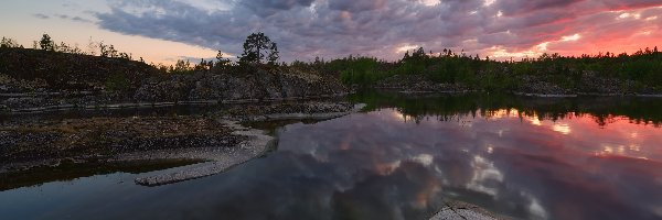 Skały, Zachód słońca, Drzewa, Kamienie, Rosja, Jezioro Ładoga