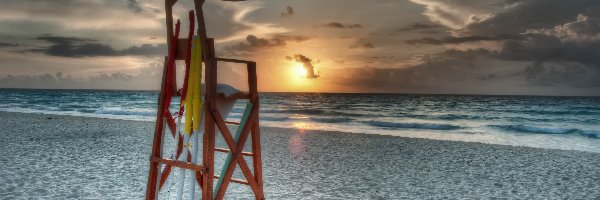 Cancún, Plaża, Krzesło, Meksyk, Ratownika, Zachód słońca, Morze Karaibskie