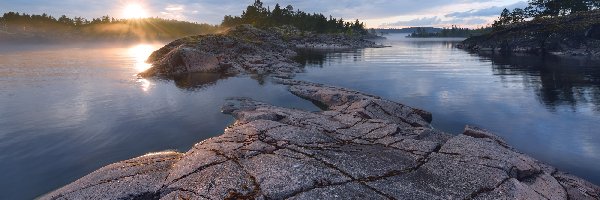 Karelia, Drzewa, Wschód słońca, Rosja, Wysepki, Jezioro Ładoga