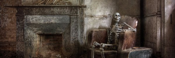 Zaniedbany, Szkielet, Pokój, Kominek, Fotel