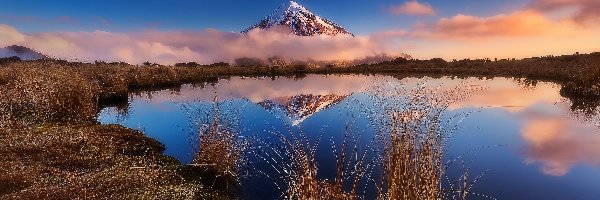 Mgła, Taranaki, Park Narodowy Egmont, Trawa, Wulkan Egmont, Oczko polodowcowe, Staw Pouakai, Nowa Zelandia, Góra, Odbicie
