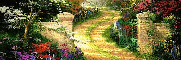 Brama, Thomas Kinkade, Kwiaty, Droga