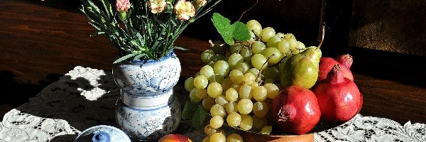 Goździki, Owoce, Misa, Granaty, Winogrona
