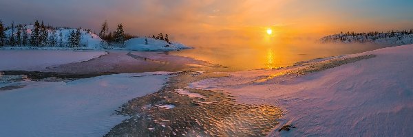 Rosja, Drzewa, Mgła, Jezioro Ładoga, Zima, Karelia, Wschód słońca