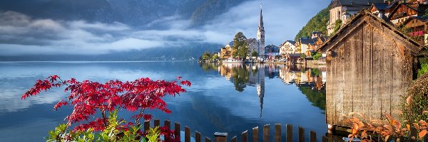 Domy, Hallstatt, Drzewa, Mgła, Jezioro Hallstättersee, Góry, Kościół, Austria
