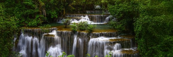 Prowincja Kanchanaburi, Drzewa, Park Narodowy Erawan, Tajlandia, Kaskada, Wodospad Erawan