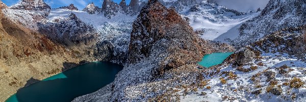 Jezioro Sucia, Park Narodowy Los Glaciares, Jeziora, Patagonia, Odbicie, Góry, Laguna de Los Tres, Chmury, Szczyt Fitz Roy, Argentyna, Śnieg