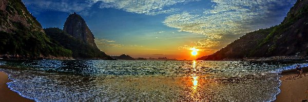 Morze, Wschód słońca, Skały, Plaża