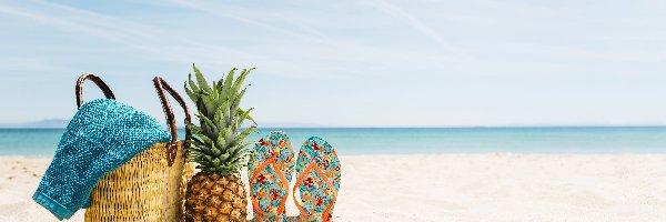 Klapki, Ananas, Torba, Plaża, Piasek, Wakacje, Lato, Ręcznik, Okulary