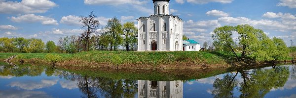Woda, Drzewa, Chmury, Cerkiew