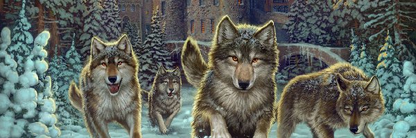 Zima, Zamek, Las, Wilki